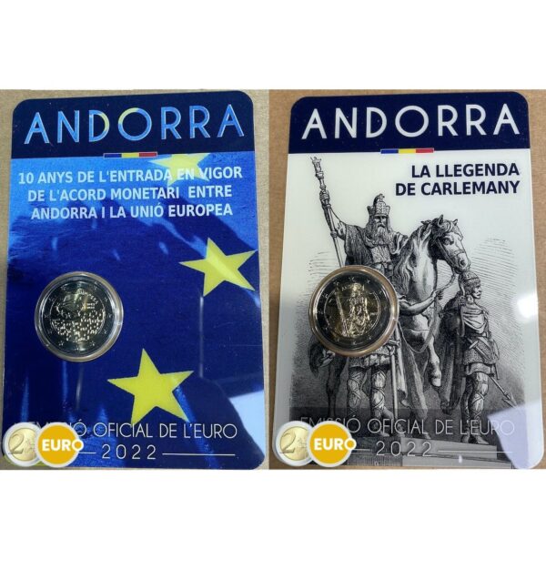 2 x 2 euro Andorra 2022 - Monetary Agreement EU + The legend of Charlemagne BU FDC Coincard