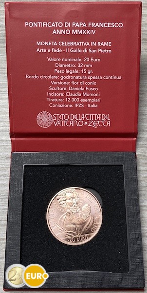 20 Euro Vatikan 2024 - Der heilige Petrus und der Hahn Stgl. Kupfer
