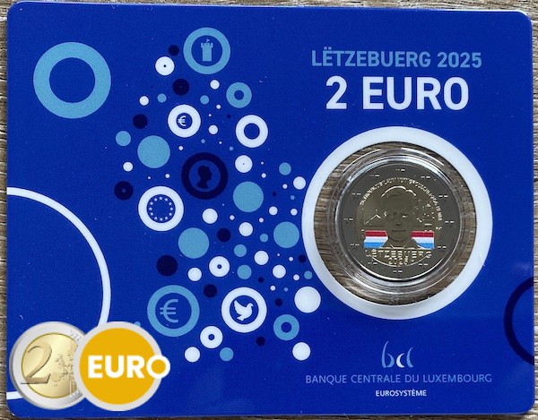 2 euros Luxemburgo 2025 - 25 años de la ascensión al trono Enrique BU FDC Coincard Marca Monetaria KNM coloreado