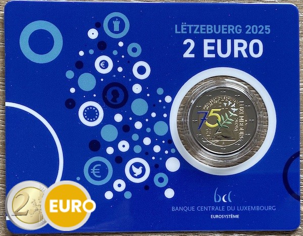 2 euros Luxemburgo 2025 - 75 años Declaración Schuman BU FDC Coincard Marca Monetaria KNM coloreado